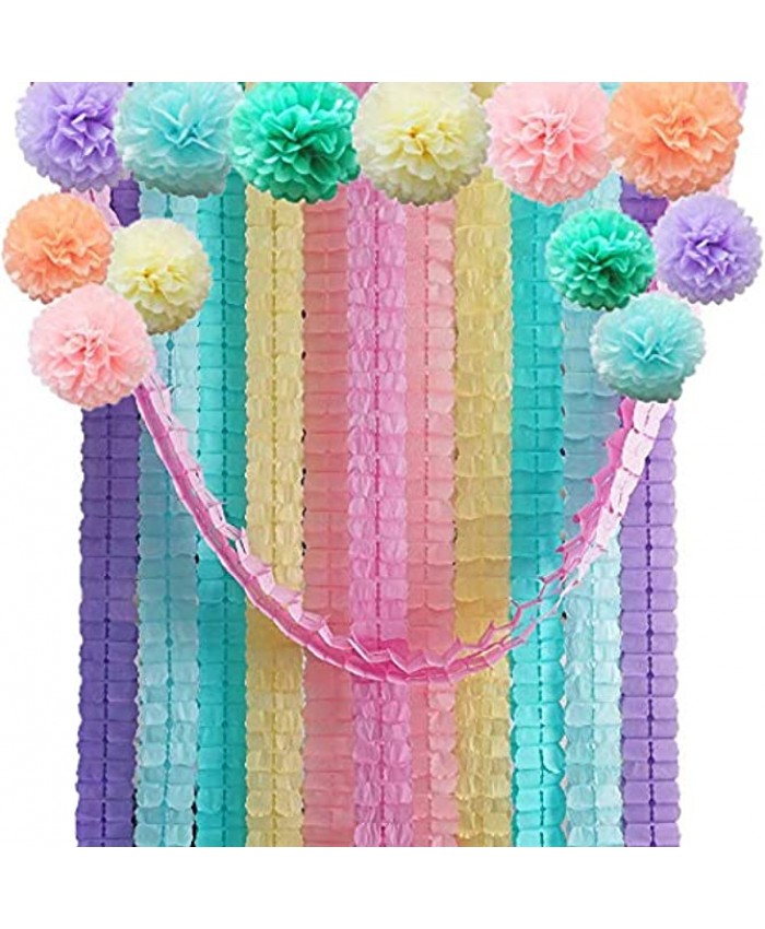 Four Leaf Tissue Paper Garland with Tissue Pom Poms Flowers Streamer Backdrop for Birthday Party Decorations 24 Pack