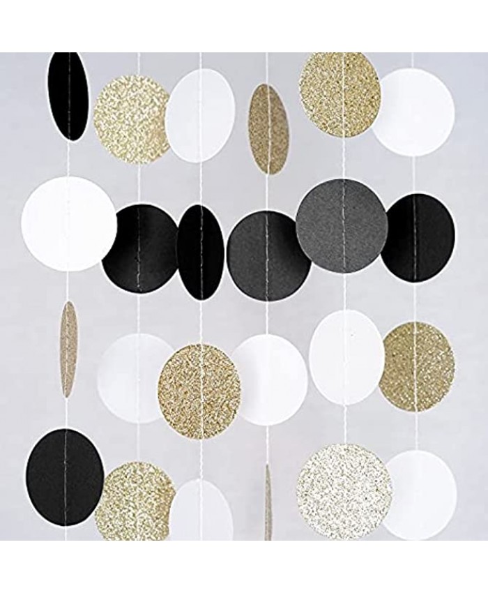 MerryNine Paper Garland 5 Pack 50ft Glitter Paper Garland Circle Dots Hanging Decor Paper Banner for Baby Shower Birthday Nursery Party DecorCircle Polka Dots-Black White Gold-50 Feet
