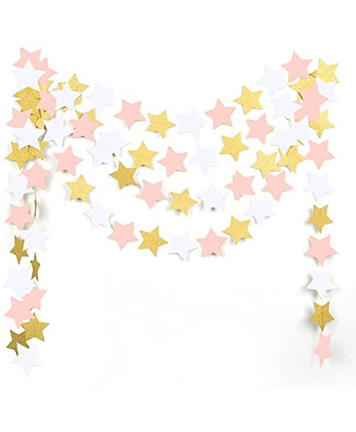 MOWO Paper Garland Twinkle Star Pink Gold Glitter and White 3'' Circle Decoration 2pc 20 feet in Total