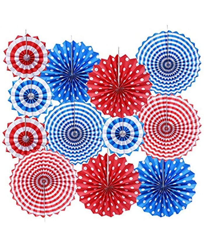 Patriotic Party 4th of July Colorful Hanging Paper Fans Rosettes Party Decorations Fiesta Party Supplies Photo Props for Wedding Birthday Baby Shower Event White Blue and Red Set of 12