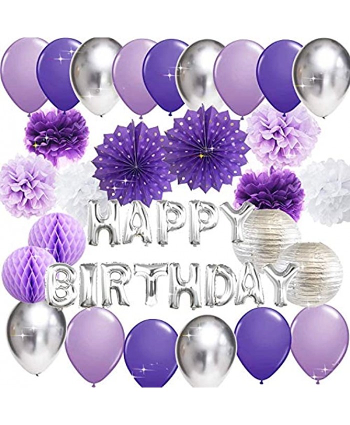 Purple Silver Birthday Decorations for Women Purple Silver Happy Birthday Balloons Latex Balloons Polka Dot Paper Fans Women's 30th 40th 50th 60th Birthday Purple Birthday Decorations