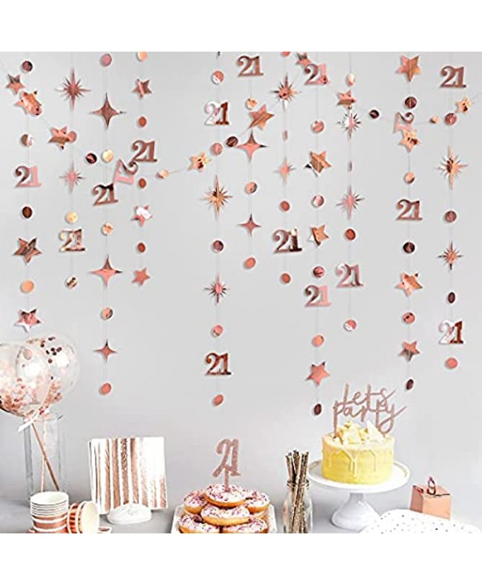 Rose Gold Number 21 Circle Dot Twinkle Star Garland Kit Metallic Hanging Streamer Bunting Banner Backdrop Decoration for Girls 21st Birthday Finally Legal Twenty One Anniversary Wedding Party Supplies