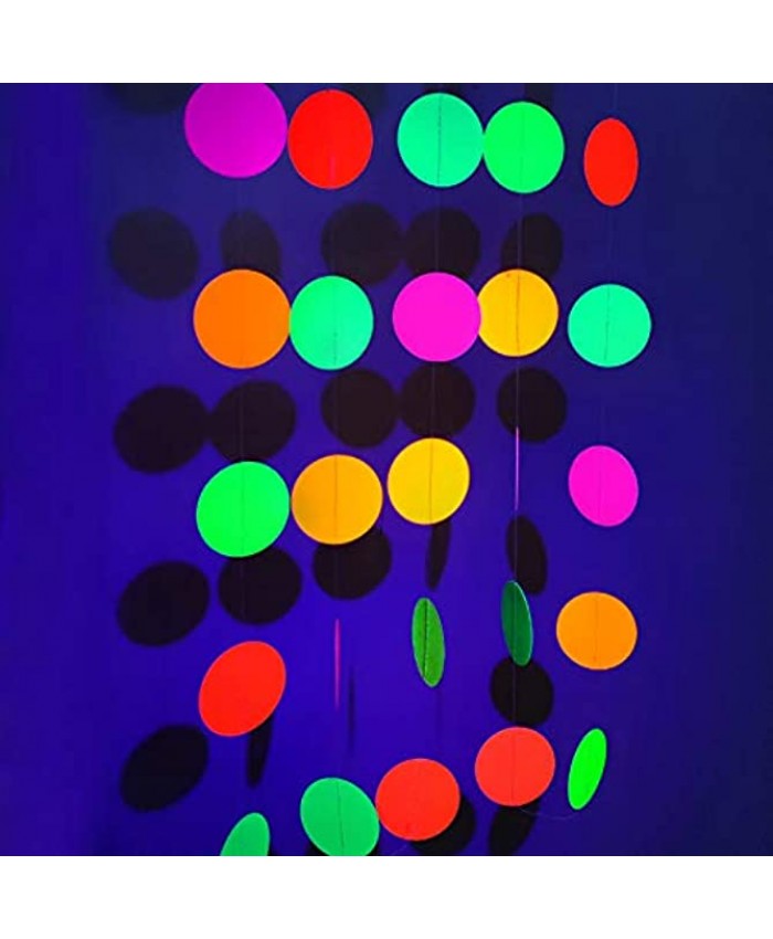 UNIIDECO Neon Paper Circles Garland Rave Black Light Birthday Decorations Glow in The Dark Party Supplies UV Blacklight Reactive Decoration Room Decor Hanging Circle Dots Streamers Wall Backdrop