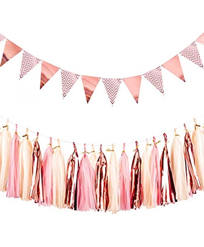 Whaline Sparkly Paper Pennant Triangle Banner Flag Bunting 12 Pcs and Tissue Paper Tassels Garland 15 Pcs for Baby Shower Wedding Birthday Party Wall Decoration Rose Gold