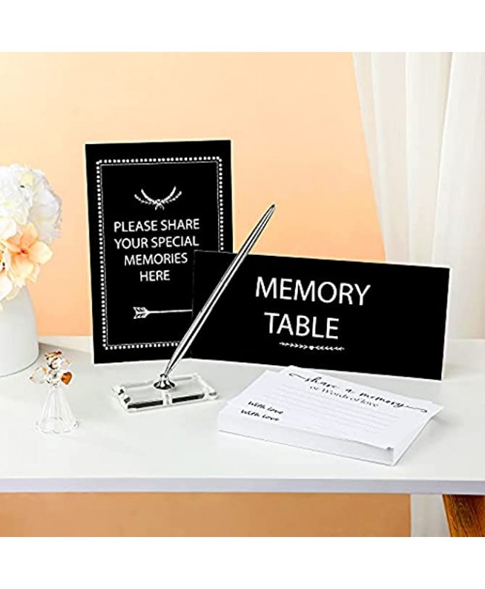 53 Pieces Memory Table Signs Set Including 2 Pieces Black Table Signs and 50 Pieces Share a Memory Card and Silver Guest Pen with Pen Stand for Funeral Remembrance Condolence Celebration of Life