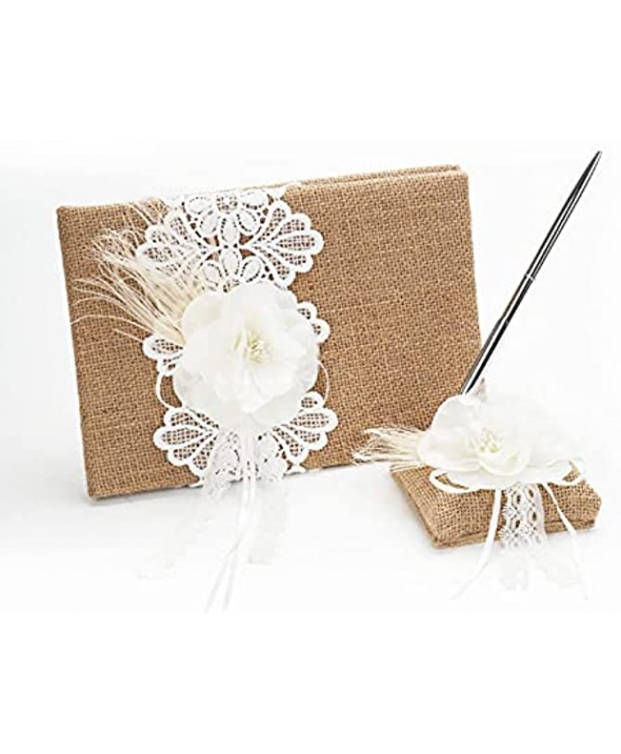 ARDOUR VAN Wedding Guest Book GuestBook Made of Burlap and Lace for Wedding Silver Sign Pen Set Lined Pages for Sign in Lace and Flower Decoration.