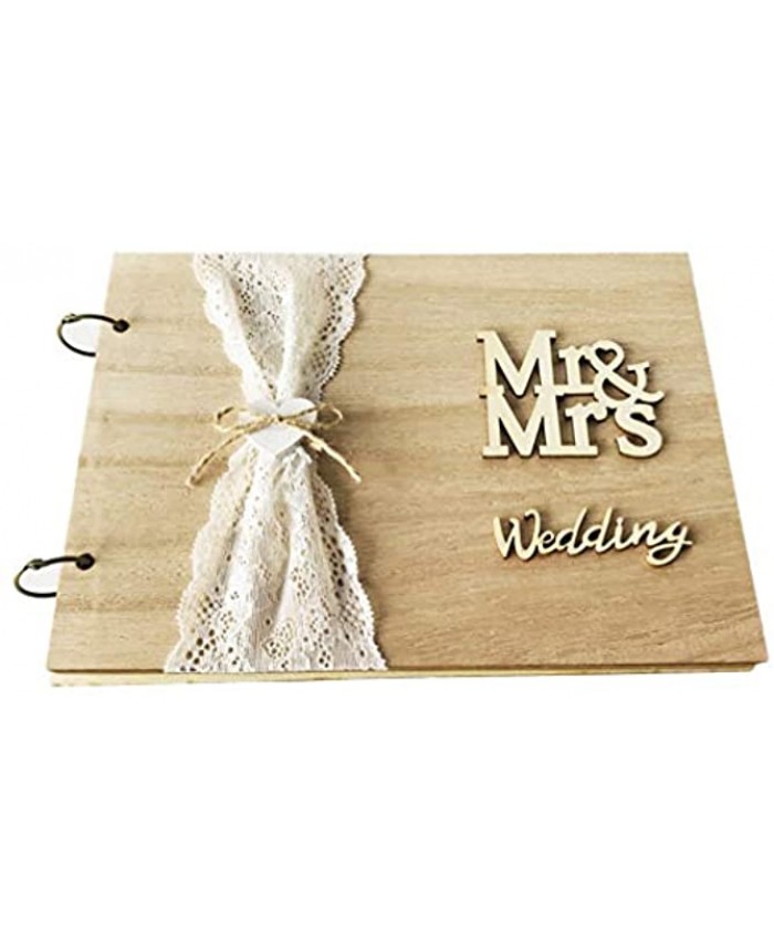 BESPORTBLE Wedding Guest Book Vintage Wood Lace Blank MR MRS Sign-in Registry Guestbook Keepsake Hard Cover Photo Book for Wedding Ceremony Engagement Anniversary 20 Pages