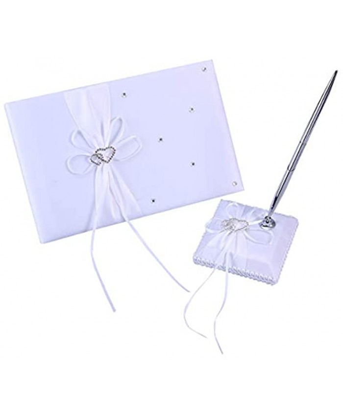 FRECI Wedding Guest Book and Pen Set Double Heart Rhinestone Decor Signature Book with Pen for Wedding Party Decorations White
