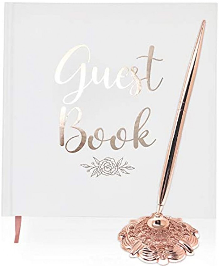 LEMON SHERBET Wedding Guest Book Rose Gold Comes with Rose Gold Metal Pen and Holder Photo Album Sign in Hard Cover with 32 Thick White Pages Rose Gold Gilded Edges