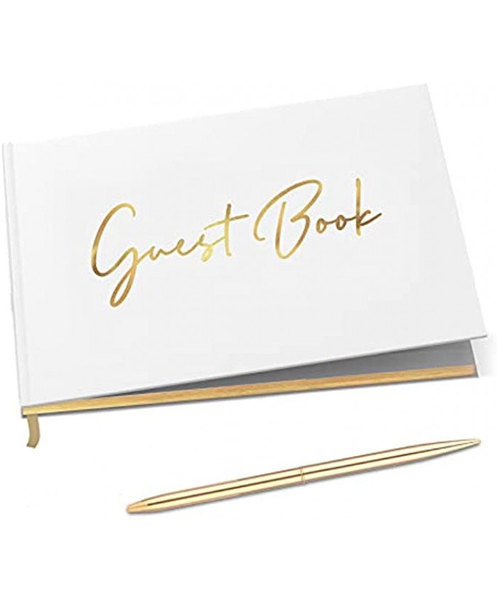 Merry Expressions Gold Guest Book & Pen – 9"x7" Hardcover White Polaroid Book 100 Page 50 Sheets – Foil Gilded Edges for Guests & Visitors to Sign at a Wedding Party Baby or Bridal Shower