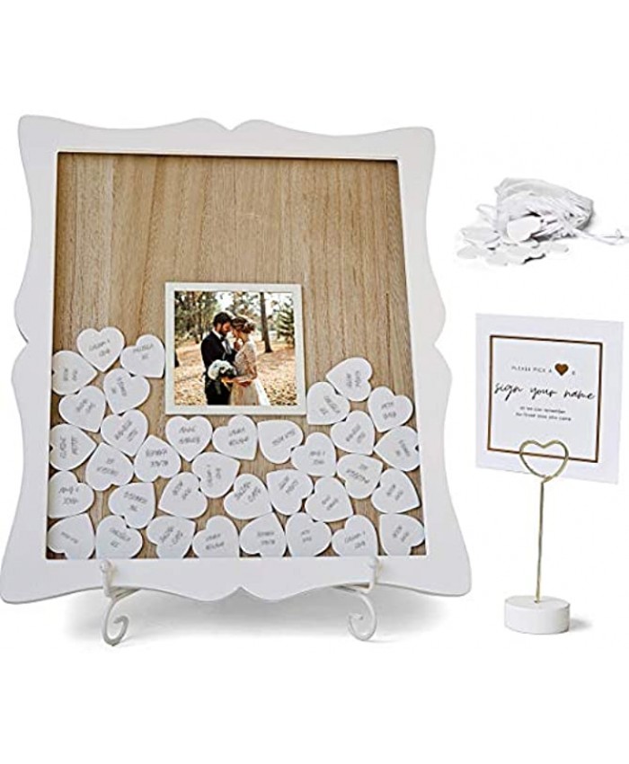 Oak letters White Wedding Guest Book Alternative Drop Top Frame | Custom Photo Insert | 85 White Hearts Sign Easel | Baby Shower Bridal Shower Funeral Graduation Guest Book Sign in |