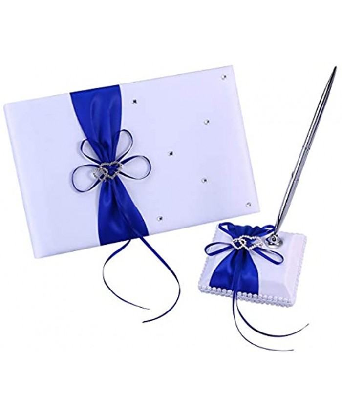 Wedding Guest Book and Pen Set Double Heart Rhinestone Decor Signature Book with Pen for Wedding Party Decorations Blue