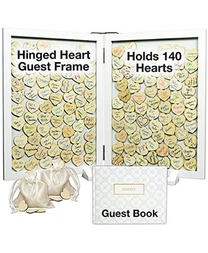 Wedding Guest Drop Top Frame Wedding Guest Book Alternative with 140 Blank Wooden Hearts a Traditional Guest Book Picture Frame. Hinged for Easy Tabletop Display Solid White