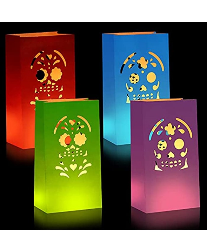 24 Pieces Halloween Luminary Bags Day of The Dead Luminary Bags Skull Head Lantern Bags Assorted Colors Decorative Paper Tea Light Candle Bags for Halloween Party Favors Holiday Decors