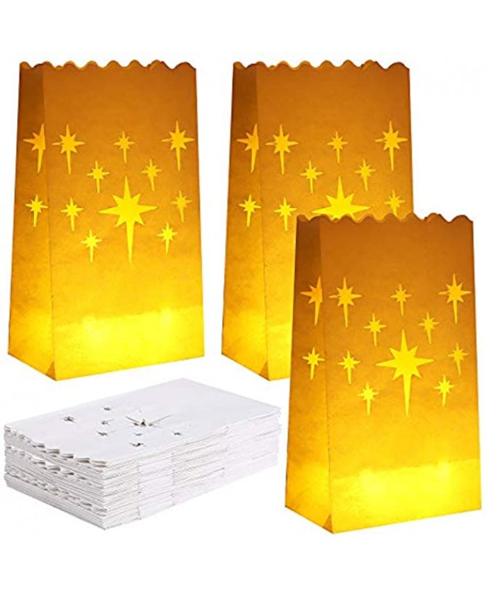 ANECO 48 Pieces Stars Design Luminary Bags White Paper Lantern Bags Flame Resistant Candle Bags Tealight Holders Luminary Bags for Christmas Wedding Reception Party Decoration