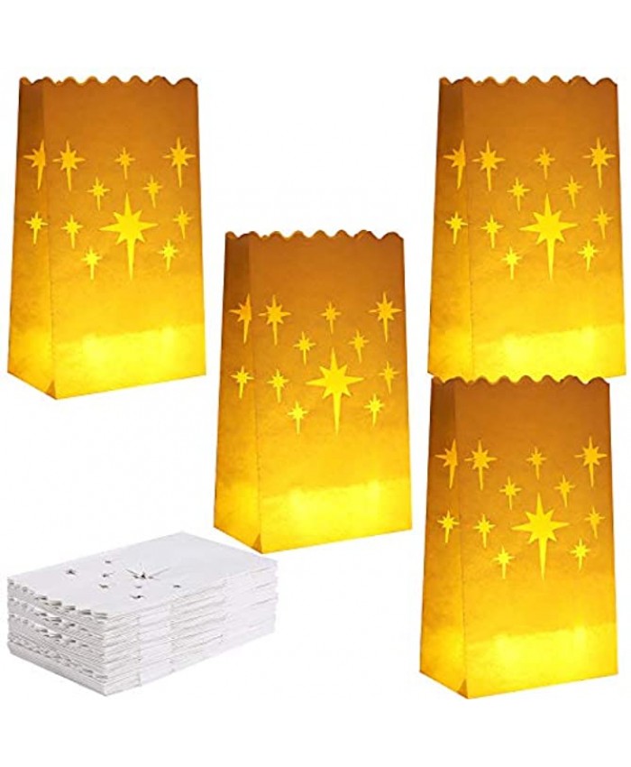 ANECO 72 Pieces Stars Design White Luminary Bags Paper Lantern Bags Flame Resistant Luminary Bags Tealight Candle Holders for Home Outdoor Christmas Party Decoration