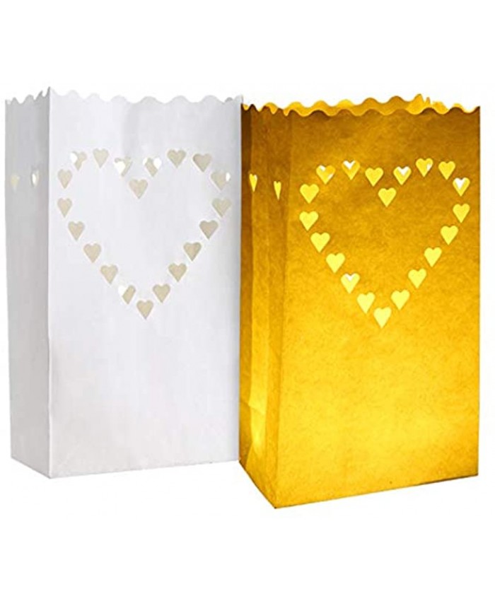 Comfecto 20 Pack Big Heart Luminary Bags for Valentine Wedding Luminaries Outdoor Decorations Paper Lanterns Flameless Tea Lights Candle Bags for Engagement Marriage Halloween Christmas Event White