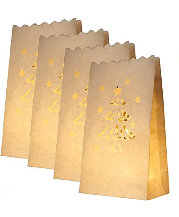 Onene 20 Pcs White Luminary Bags Candle Bag with Christmas Tree Design Durable and Reusable Fire-Retardant Cotton Material Paper Lantern Bags for Christmas Holiday Outdoor New Year Occasion