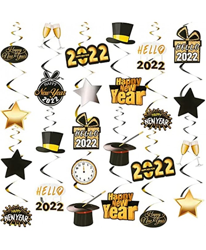 30 Pieces Happy New Year Hanging Swirl Decorations 2022 New Years Eve Swirl Party Decorations Black and Gold New Year Swirl Party Supplies 4.7 Inch 6 Inch