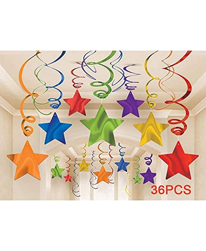 AimtoHome Rainbow Party Star Swirl Decorations Rainbow Foil Ceiling Hanging Swirl Decorations with Star Whirls Decorations for Party Pack of 36