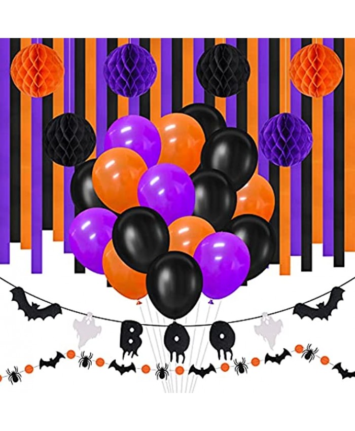 ELECLAND 83Pcs Halloween Decorations Halloween Crepe Paper Streamers Halloween Ghost Garland Purple Black Orange Honeycomb Flower Balls and Halloween Party Balloons for Halloween Party Decor