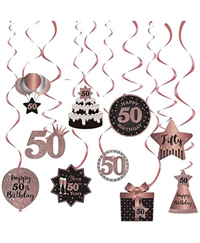 Happy 50th Birthday Party Hanging Swirls Streams Ceiling Decorations Celebration 50 Foil Hanging Swirls with Cutouts for 50 Years Rose Gold Birthday Party Decorations Supplies