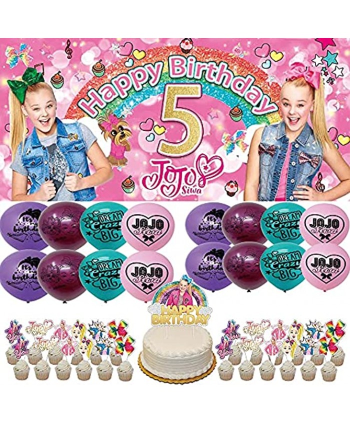 JoJo 5 Party Decorations Supplies Balloons JoJo Siwa Cake Topper 5th Years Old for Girls Birthday Banner Backdrop
