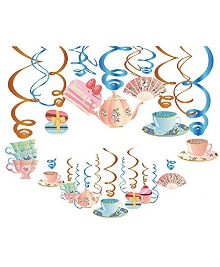 Kristin Paradise 30Ct Tea Time Hanging Swirl Decorations English Tea Ceremony Party Supplies Alice in Wonderland Birthday Theme Vintage Floral Decor for Boy Girl Baby Shower Teacup Teapot Favors
