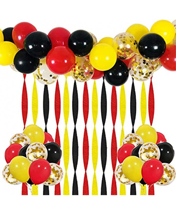 Mouse Party Balloons 40 Pack 12 Inch Red Black Yellow Latex Balloons with Gold Confetti Balloon Crepe Paper Streamers and Balloon Strip Set for Baby Shower Birthday Party Decorations Supplies