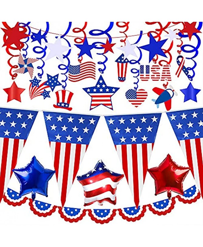 Supla 18 Pack Patriotic Decorations USA American Flag Pennant Banner Patriotic Hanging Swirl Decorations Patriotic Star Foil Balloons Red White Blue Star Banner Garland Patriotic Bunting Banner for 4th of July Memorial Day