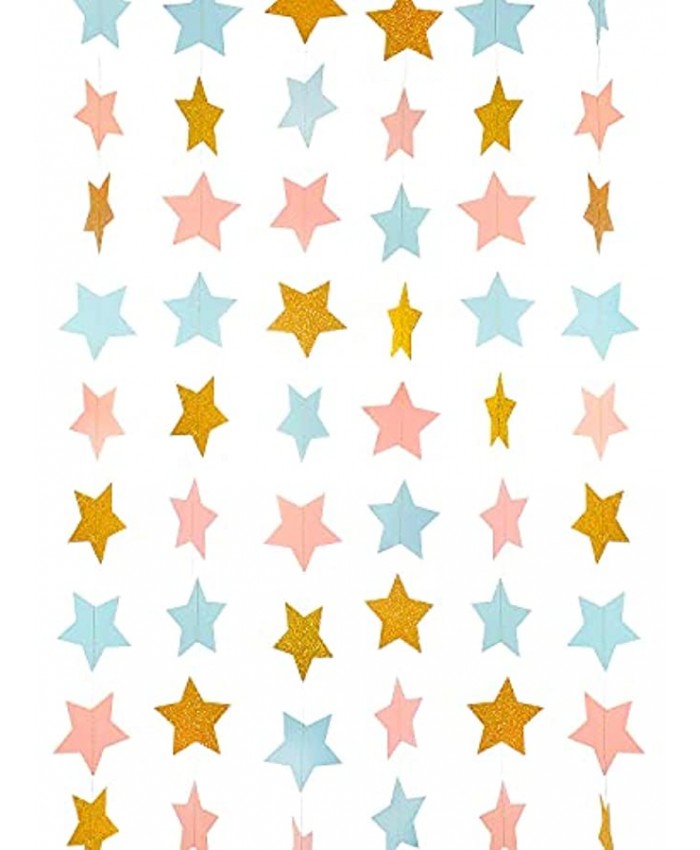 WEVEN Pink Blue Gold Star Garland Glitter Paper Streamers Twinkle Star Banner for Baby Shower Nursery Boy or Girl Gender Reveal Party Decorations 3" in Diameter 20 Feet in Total