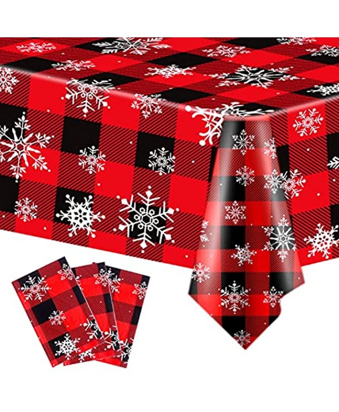 3 Pieces Red and Black Buffalo Plaid Merry Christmas Party Tablecloth Decorations,Plastic White Snowflake Buffalo Plaid Sign Table Cover for Winter Christmas Holiday Party Supplies,54x108 inch