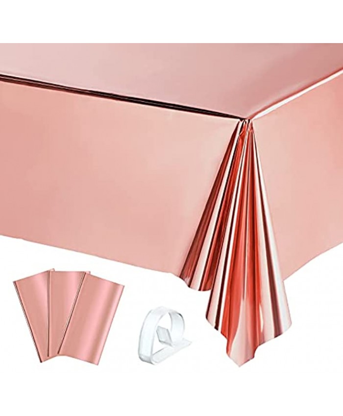 3 Pieces Rose Gold Foil Party Rectangular Table Covers Table Cloth 54 x 108 Inch Shiny Plastic Waterproof Tablecloth Party Table Cover with 12 Clips for Wedding Rose Gold Party Anniversary Engagement