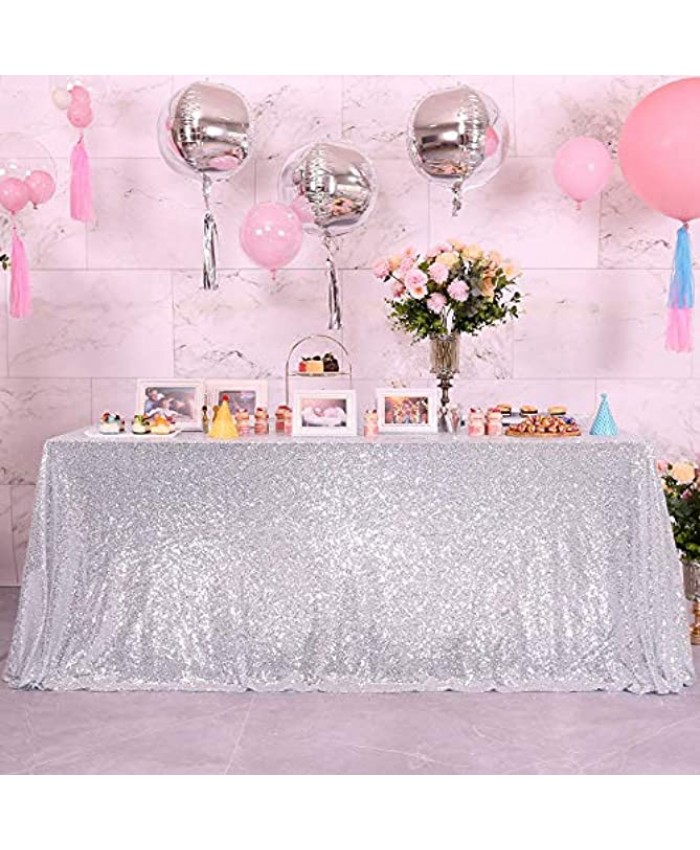 Blxsif Glitter Silver Sequin Tablecloth Rectangle 55x80in Shimmer Silver Table Cover for Party Wedding Birthday Christmas Sparkly Table Cloth Linen