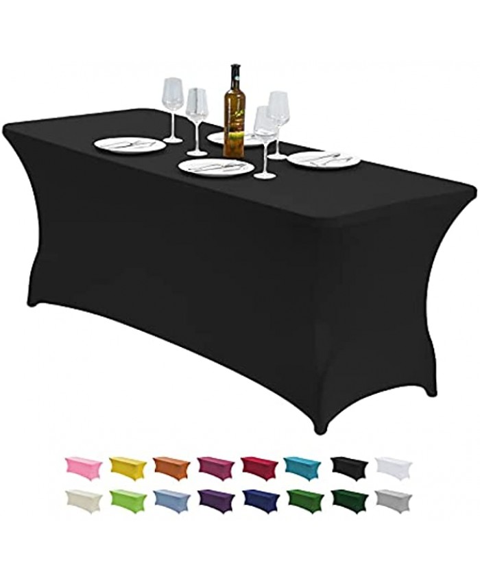 CWK 8FT Stretch Spandex Table Cover for Rectangular Fitted Folding Tables Wrinkle Resistant Elastic Stretchable Patio Tablecloth Protector for Party Banquet Wedding and Events Black