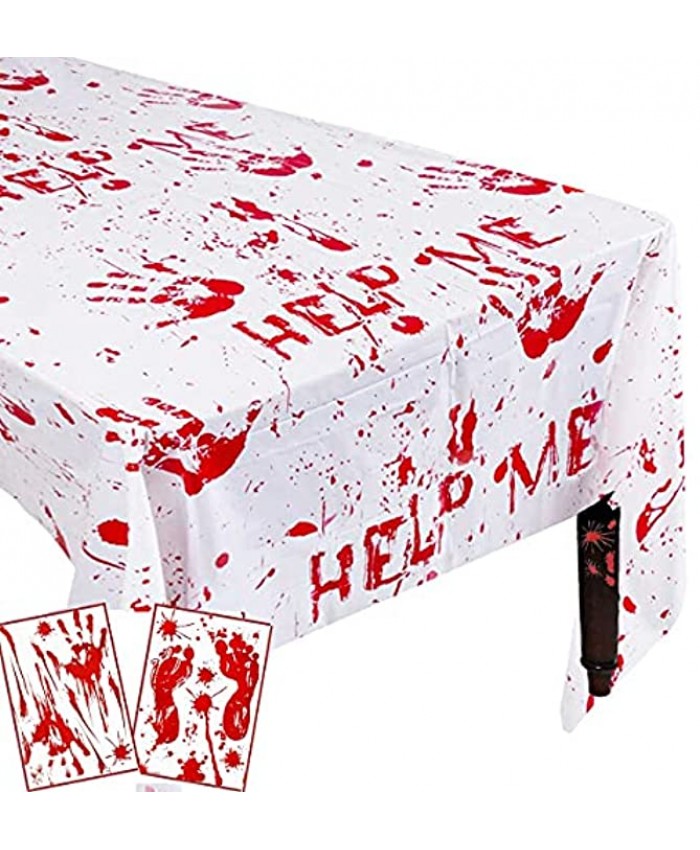 Halloween Tablecloth Party Decoration Kit 2 Pack Bloody Handprints Splatter Disposable Plastic Table Cover Handprint Footprint Clings Birthday Gifts Zombie Walking Dead Dinner Party Buffet Décor