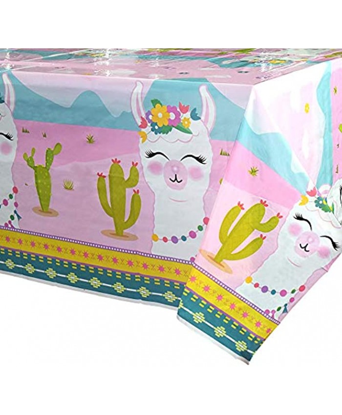 WERNNSAI Llama Table Cover 108'' x 54'' Party Disposable Plastic Tablecloth Alpaca Lama Party Supplies for Kids Girls Pink Birthday Party Decorations