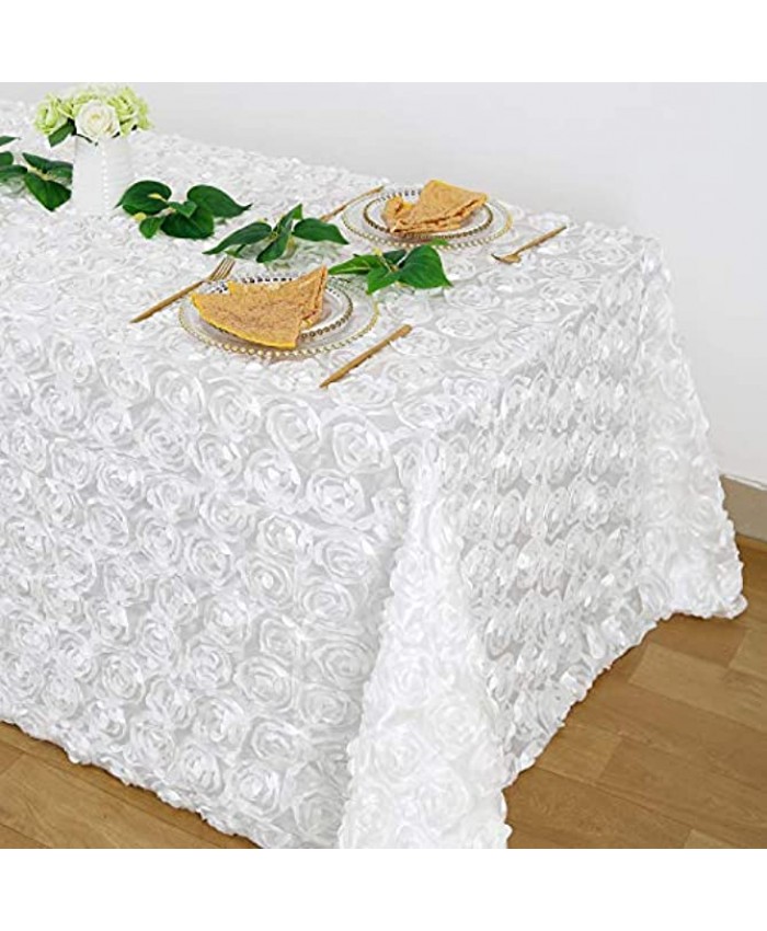 White 3D Floral Satin Raised Rosettes Tablecloth Rectangular 90x132 Inches Rosette Tablecloth for Wedding Baby Shower Table Bridal Shower Meeting Events Decoration