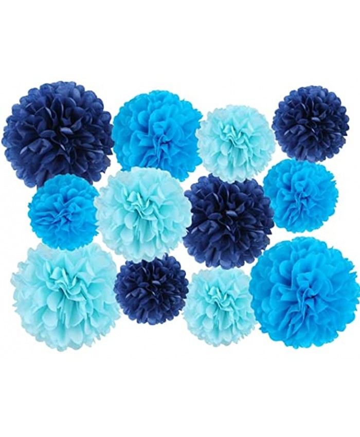 12 Pcs Tissue Pom Poms Kit Tissue Paper Flowers for Birthday Boy Baby Shower Nursery Graduation Bachelorette Party Decoration Blue Mix