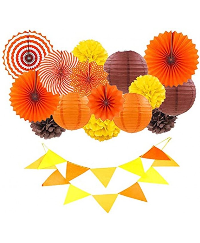 16 Pcs Fall Party Decorations Set Orange Hanging Paper Fans Tissue Pom Poms Flowers Lanterns Triangle Bunting Banners Garland for Autumn Celebration Thanksgiving Wedding Birthday Party Decor