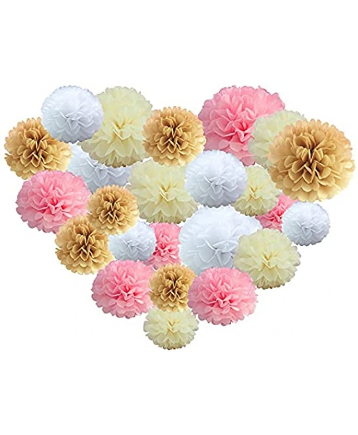 24 Pack Wedding Party Decoration Set Hanging Tissue Paper Pom Poms for Weddings Birthday Party Baby Shower Easy to Assemble and Install Colors: White Ivory Peach and Champagne