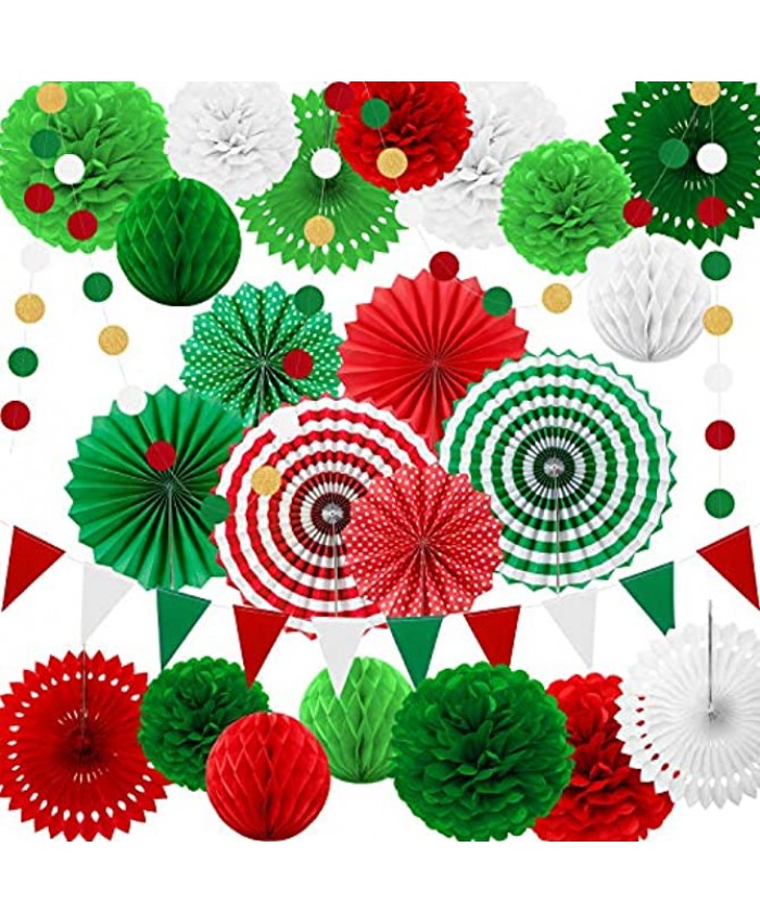 25 Pieces Party Decorations Paper Fans Pom Poms Flowers Garlands String Circle Dot Triangle Bunting Flags Honeycomb Ball Party Supplies for Christmas Birthday Wedding Baby Shower Red White Green