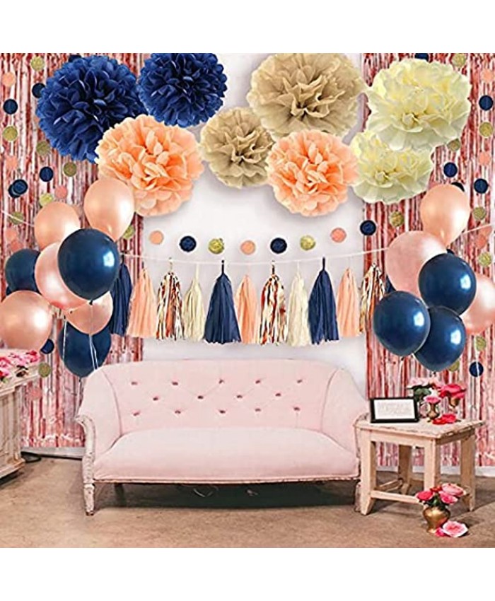 32Pcs Navy Blue Rose Gold Party Decoration with Rose Gold Curtain Blue Rose Gold Balloon Paper Pompoms Circle Dot Garland Tissue Tassel for Birthday Bachelorette Party Gender Reveal Decorations