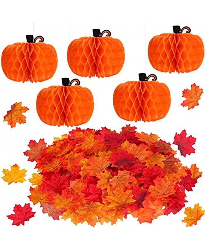 5 Pieces Tissue Paper Pumpkin and 200 Pieces Autumn Maple Leaves Fall Artificial Colored Maple Leaves for Halloween Thanksgiving Party Favor