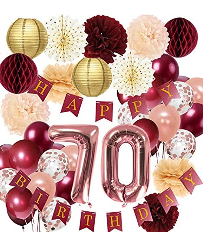70th Birthday Decorations for Women Burgundy Rose Gold Birthday Party Decorations Polka Dot Fans for 70 Fall Burgundy Rose Gold Birthday Decorations Autumn Theme