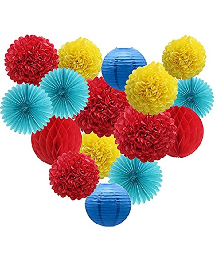 ADLKGG Red Yellow Blue Party Decorations Hanging Paper Fans Pom Poms Flowers Lanterns Honeycomb Balls for Welcome Back to School Decor Carnival Circus Wedding Birthday