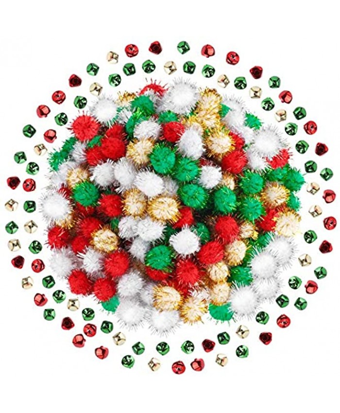 ANECO 240 Pieces Glitter Christmas Pom Poms and Christmas Jingle Bells Sparkle Pom Poms Balls Bells for Christmas Arts Crafts Supplies