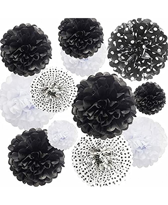 ANSOMO Black and White Tissue Paper Pom Poms Flowers Polka Dot Party Decorations 12" 10" 8" 6" Pack of 12