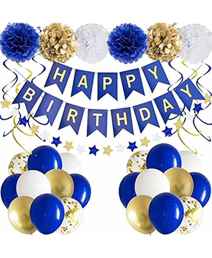 ANSOMO Royal Blue and Gold Happy Birthday Party Decorations with Banner Balloons Pom Poms Hanging Swirls for Boys Men Women
