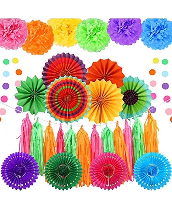 Auihiay 32 Pieces Fiesta Party Decoration Include Paper Fans Tissue Paper Pom Poms Circle Dot Garland and Tissue Paper Tassel for Birthday Parties Wedding Décor Taco Party or Mexican Party